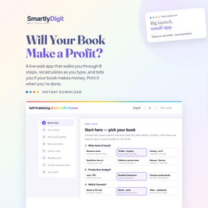 May include: A digital self-publishing book profit planner web app interface. The screen displays a step-by-step guide titled Will Your Book Make a Profit? with sections for book type, production budget, and formats, featuring a clean layout.