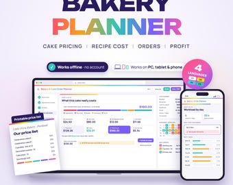 Bakery Order Planner Web App, Cake Pricing Calculator, Recipe Cost, Order Tracker, Workload Calendar & Profit, Client List, Offline WEB App