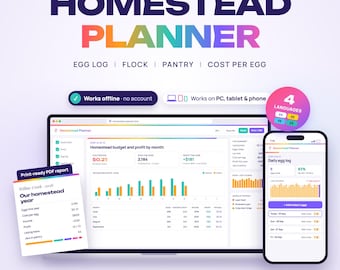 Homestead Planner Web App, Backyard Chickens Egg Log, Flock Tracker, Feed Cost per Egg, Pantry & Canning Inventory, Homestead Budge, Offline