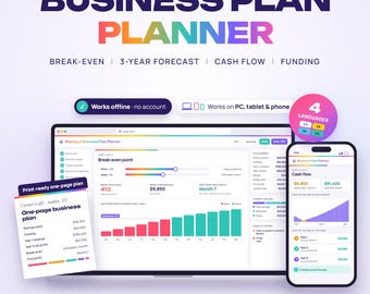 Startup Business Planner Web App, Business Model Canvas, Startup Costs, Break Even Point, Profit and Loss, Cash Flow, 3 Year P&L, Cash Flow