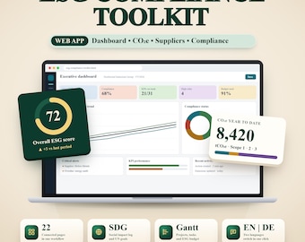 ESG & Compliance Toolkit Web App, Esg Kpi Dashboard, CO2e Emissions Calculator, Supplier Risk, Compliance Tracker, CSRD Prep, Audit Tracker