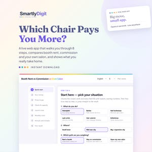 Puede incluir: Una interfaz digital para una aplicación web titulada Which Chair Pays You More? que ofrece una guía paso a paso para comparar el alquiler de silla, la comisión y la propiedad de un salón. La pantalla muestra un cuestionario con opciones de puestos, tamaño de ciudad y modelos de negocio.