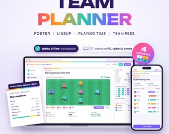 Coach Team Planner Web App, Youth Soccer,  Roster, Lineup Drag & Drop, Equal Playing Time Rotation, Attendance, Team Fees, Practice Plan