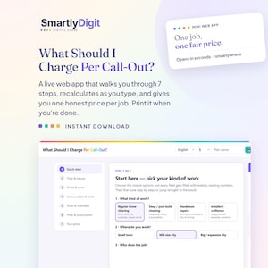 Puede incluir: Una interfaz de aplicación web digital titulada What Should I Charge Per Call-Out? que presenta un proceso de siete pasos para calcular precios de servicios. La pantalla muestra opciones para tipos de trabajo y ubicaciones.