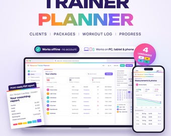 Personal Trainer Planner Web App, Client Tracker, Session Packages, Workout Log, Progress Charts & Income Tracker, Measurements, Check-ins