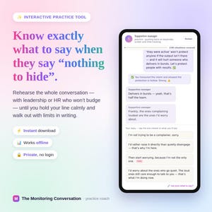 May include: An interactive practice tool for workplace conversations displayed on a smartphone screen. The interface shows a chat simulation with a supportive manager, featuring text bubbles and multiple-choice reply options for professional training.
