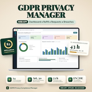 GDPR Privacy Compliance Manager Web App, Data Subject Request Tracker, Data Breach Log, DPIA, DSAR Tracker, Privacy Compliance Dashboard
