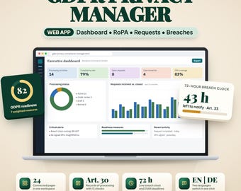 GDPR Privacy Compliance Manager Web App, Data Subject Request Tracker, Data Breach Log, DPIA, DSAR Tracker, Privacy Compliance Dashboard