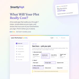 May include: A digital product interface for a land plot cost calculator titled SmartlyDigit. The screen displays a seven-step web app for land purchase feasibility, featuring selection boxes for plot types, regions, and site services in a clean layout.