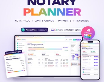 Notary Planner Web App, Loan Signing Agent Tracker, Notary Log Book, Unpaid Signings, Commission Renewal & Mileage, Client Payments, Offline