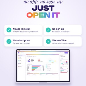 K&ouml;nnte beinhalten: Eine digitale Planer-Oberfl&auml;che auf einem Laptop-Bildschirm mit Dashboard, Diagrammen, Kalender und Aufgabenlisten. Der Text lautet: OPENS IN ANY BROWSER, no app, no sign-up, JUST OPEN IT, No app to install, No sign-up, No subscription, Works offline.