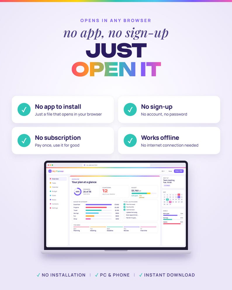K&ouml;nnte beinhalten: Eine digitale Planer-Oberfl&auml;che auf einem Laptop-Bildschirm mit Dashboard, Diagrammen, Kalender und Aufgabenlisten. Der Text lautet: OPENS IN ANY BROWSER, no app, no sign-up, JUST OPEN IT, No app to install, No sign-up, No subscription, Works offline.