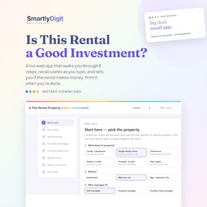 May include: A digital product interface titled Is This Rental a Good Investment? featuring a web app for property analysis. The screen displays an 8-step process for evaluating rental properties, including fields for property type, location, and management.