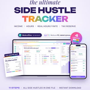 May include: A digital side hustle tracker displayed on a laptop and smartphone screen. The interface shows income, hours, and tax reserve data. Text includes "the ultimate SIDE HUSTLE TRACKER", "Works on PC & SMARTPHONE", and "Print-ready PDF report".