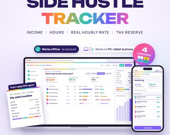 Side Hustle Tracker Web App, Multiple Income Streams, Income & Expense Log, Hourly Rate Ranking, Tax Reserve and Estimate, Income Goals