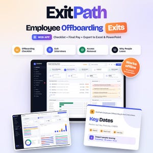 Puede incluir: Interfaz de software ExitPath para la salida de empleados con panel de control, lista de verificación, entrevistas de salida y herramientas de acceso. Incluye aplicación web, funcionalidad sin conexión y módulo de fechas clave.