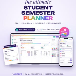 Student Semester Planner Web App, Grade Tracker, GPA Calculator, Exam Study Plan, Homework Tracker, Student Budget, Offline, 4 Languages
