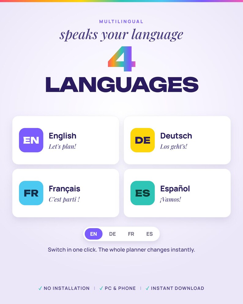 K&ouml;nnte beinhalten: Eine digitale Grafik mit dem Text Multilingual speaks your language 4 LANGUAGES. Sie enth&auml;lt vier abgerundete quadratische Symbole mit den Beschriftungen EN English Let's plan, DE Deutsch Los geht's, FR Fran&ccedil;ais C'est parti und ES Espa&ntilde;ol &iexcl;Vamos sowie eine Sprachauswahlleiste.