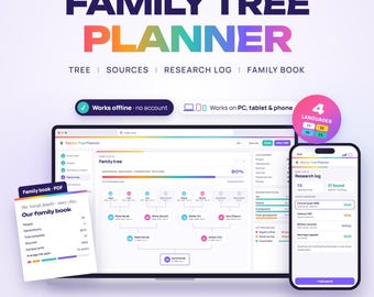 Family Tree Planner Web App, Genealogy Research Logs, Automatic Pedigree Chart, Sources Tracker & Family Book, Family Tree Maker, Offline