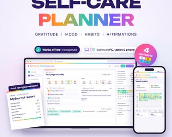 Self Care Journal Web App, Gratitude Journal, Mood Tracker, Habit Tracker, Journal Prompts & Affirmations,  Self Care Planner, Offline