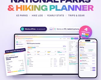 National Parks Tracker Web App, 63 Park Checklist, Hiking Log, Yearly Miles & Elevation Stats, Trip and Gear Planner, Offline, No Account