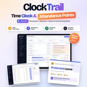 Op de afbeelding: ClockTrail software-interface met functies voor tijdregistratie en aanwezigheidspunten. Het dashboard toont urenstaten van werknemers, disciplinaire stappen en analyses van te laat komen. Inclusief web-app, offline functionaliteit en verlofregistratie.
