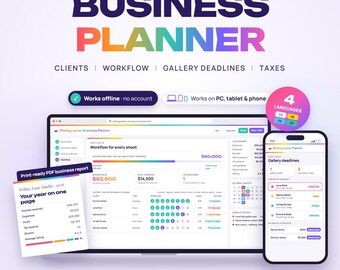 Photographer Business Planner Web App, Client Tracker, Shoot Workflow, Gallery Deadlines, Income & Tax Reserve, Packages, Expenses, Mileage