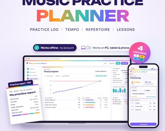 Music Practice Planner Web App, Practice Log, Repertoire Tracker, Tempo Progress Charts, Lessons & Exams, Streaks, Metronome Tempo Chart