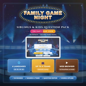 May include: A digital game interface titled Family Game Night Siblings & Kids Question Pack. The display features a central screen showing game menus, with buttons for 4 languages, up to 4 teams, and web browser compatibility. Text includes 50 rounds, sounds, timer, question editor, and works offline.