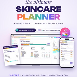 Skincare Planner Web App, Skincare Routine Tracker, Product Expiry Tracker, Skin Diary, Empties & Beauty Budget, Makeup Inventory,  Wishlist
