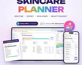 Skincare Planner Web App, Skincare Routine Tracker, Product Expiry Tracker, Skin Diary, Empties & Beauty Budget, Makeup Inventory,  Wishlist
