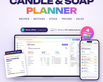 Candle & Soap Making Planner Web App, Batch Calculator, Recipe Cost, Supply Inventory, Pricing and Sales Log, Burn Tests Log, Ofline