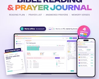 Bible Reading Plan & Prayer Journal Web App, Answered Prayers, Memory Verses, Sermon Notes, Gratitude, Giving Tracker, Verse Flashcards