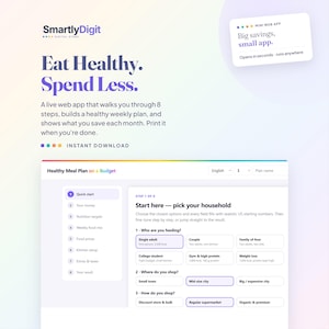 May include: A digital web application interface titled Healthy Meal Plan on a Budget. The screen displays an eight-step process for meal planning, including household selection, shopping location, and shopping habits, with a SmartlyDigit logo.