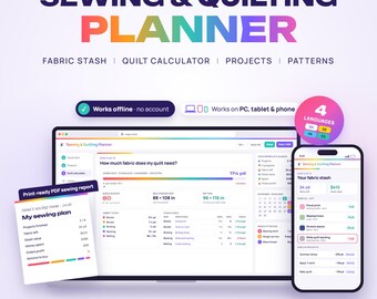 Sewing & Quilting Planner Web App, Fabric Stash Tracker, Quilt Fabric Calculator, Sewing Projects, Pattern Library,  Project Tracker Offline