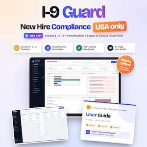 Puede incluir: Interfaz del panel de control de la aplicación web I-9 Guard New Hire Compliance USA only. Incluye seguimiento de secciones 1, 2, 3, recordatorios de reverificación, auditoría interna y una guía de usuario de 41 páginas. Funciona sin conexión y exporta a Excel.