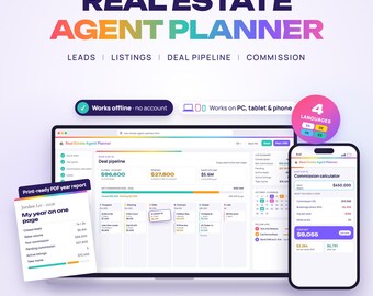 Real Estate Agent Planner Web App, Realtor Lead Tracker, Deal Pipeline, Listing & Commission Tracker, Year Goals, Mileage Log, Web Offline