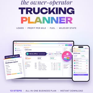 Op de afbeelding: Een digitale web-app voor vrachtwagenplanners voor eigen rijders, weergegeven op een laptop en smartphone. De interface toont ladingen, tarieven, winst per mijl en mijlen per staat. Een printklaar PDF-bedrijfsrapport is ook zichtbaar.