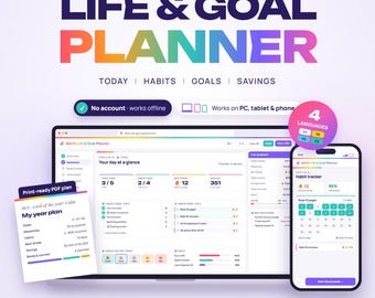 ADHD Life & Goal Planner Web App, Daily Dashboard, Habit Tracker, Goal Planner, Recurring Tasks, Savings Tracker, 4 Languages, WEB Offline