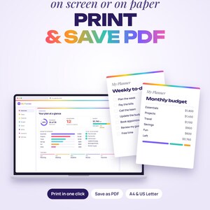 K&ouml;nnte beinhalten: Eine digitale Planer-Oberfl&auml;che auf einem Laptop-Bildschirm neben zwei ausgedruckten Seiten mit einer w&ouml;chentlichen Aufgabenliste und einem Monatsbudget. Der Text umfasst PRINT-READY on screen or on paper PRINT & SAVE PDF, Print in one click, Save as PDF, A4 & US Letter, NO INSTALLATION, PC & PHONE und INSTANT DOWNLOAD.
