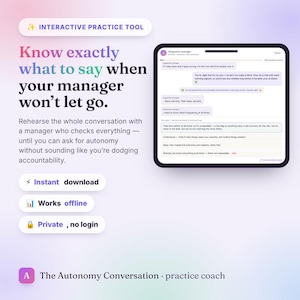 Pode incluir: Uma ferramenta de prática interativa para conversas profissionais com um tablet exibindo uma interface de chat. O texto diz: Know exactly what to say when your manager won't let go. Inclui etiquetas para instant download, works offline e private, no login.