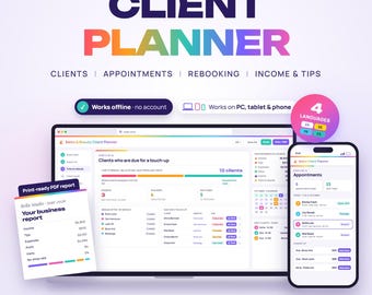Salon & Beauty Client Planner Web App, Appointment Tracker, Rebooking Reminders, Price List, Income Tracker, Tip and Expense Tracker Offline