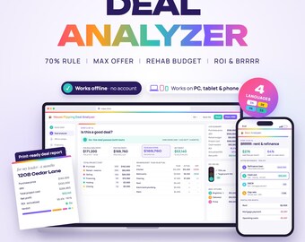 House Flipping Deal Analyzer Web App, 70% Rule, Max Offer, Rehab Budget, ARV, ROI & BRRRR Calculator, Excel Export, Cash Flow, Web Offline