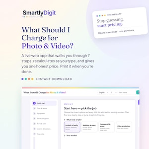 Op de afbeelding: Een digitaal productinterface genaamd SmartlyDigit met een web-app voor foto- en videoprijzen. Het scherm toont een gids in zeven stappen die begint met taakselectie, inclusief categorieën zoals portret, familie, bruiloft, evenement, commercieel, merk en videoproductie.