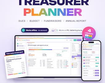 Club Treasurer Planner Web App, PTA Dues Tracker, Budget vs Actual, Fundraiser Tracker & Annual Treasurer Report, Membership Dues Tracker