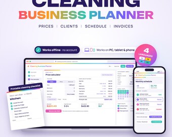 Cleaning Business Planner Web App, Cleaning Price Calculator, Client Tracker, Auto Schedule, Invoices, Profit & Mileage, Team Pay, Offline