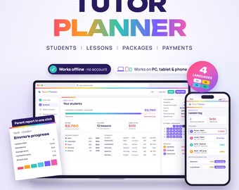 Tutor Planner Web App, Student Tracker, Lesson Log, Lesson Packages & Balance, Payment Tracker, Parent Reports, Progress Chart, Offline