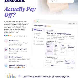 May include: A digital marketing tool interface titled SmartlyDigit, featuring a web app for calculating discount profitability. The layout includes text, a step-by-step business questionnaire, a bar chart, and icons for instant download and browser compatibility.