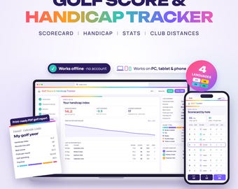 Golf Score & Handicap Tracker Web App, Golf Expenses, Score Log, Scorecard by Hole, Putts, Fairway Green Stats, Club Yardage, Practice Goals