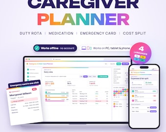 Caregiver Planner Web App, Doctor Visits, Elder Care Duty Rota, Medication Organizer, Emergency Card, Expense Split & Care Log, Offline